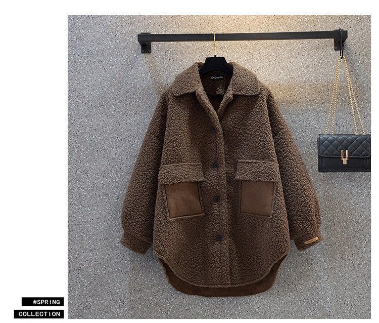 Casaco feminino de lã de cordeiro para inverno, jaqueta longa, acolchoada e espessa, corte solto, agasalho grande com detalhes em patchwork_voghion.com