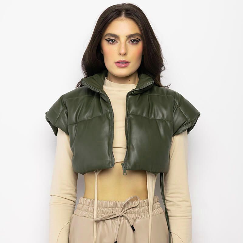 K22TP375 Autumn/Winter 2024 Half High Collar Sleeveless Zipper Cardigan Drawstring Waistband Cotton Top Women's Clothing_voghion.com