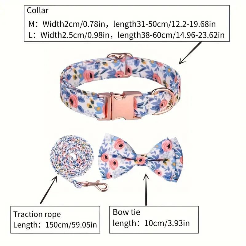 Pet Engravable Detachable Flower Butterfly Print Dog Leash Collar Set_voghion.com