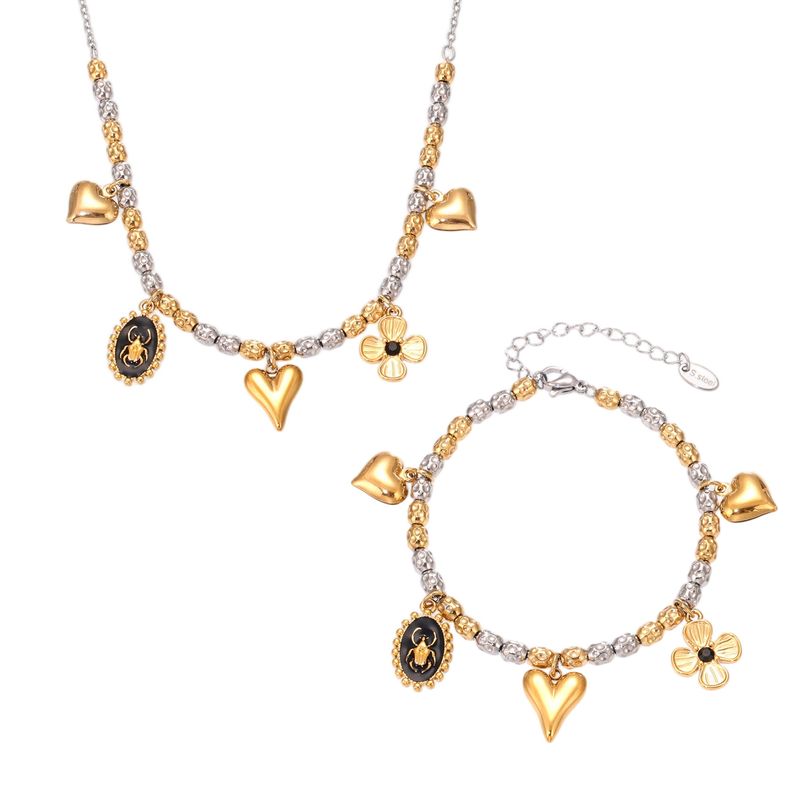 Ensemble collier et bracelet de perles rondes irrégulières avec pendentif cœur, fleur, huile dégoulinante et insecte ovale pour femme_voghion.com