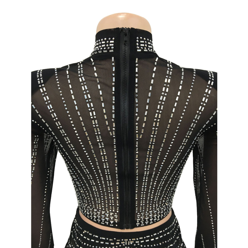 Kadın Giyim Mesh Mesh See Through Uzun Kollu Uzun Etek İki Parça Set_voghion.com