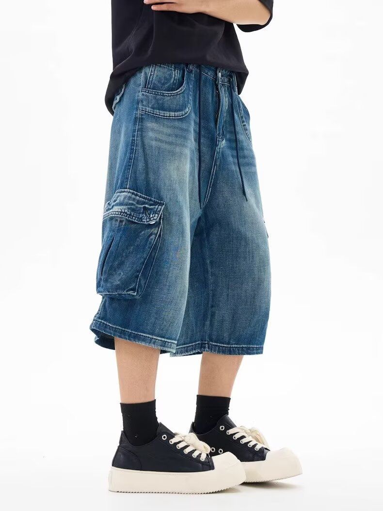 Summer New American Style Loose Fit Three-Dimensional Pocket Capri Pants Unisex Cargo Denim Shorts Versatile Slimming_voghion.com