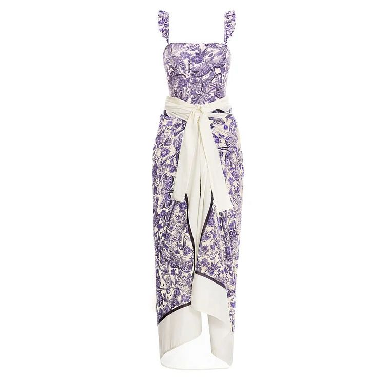 Traje de baño de una pieza con estampado de libélula púrpura hueco con cordón en la cintura de nuevo estilo para mujer y traje de falda cruzada estilo popular_voghion.com