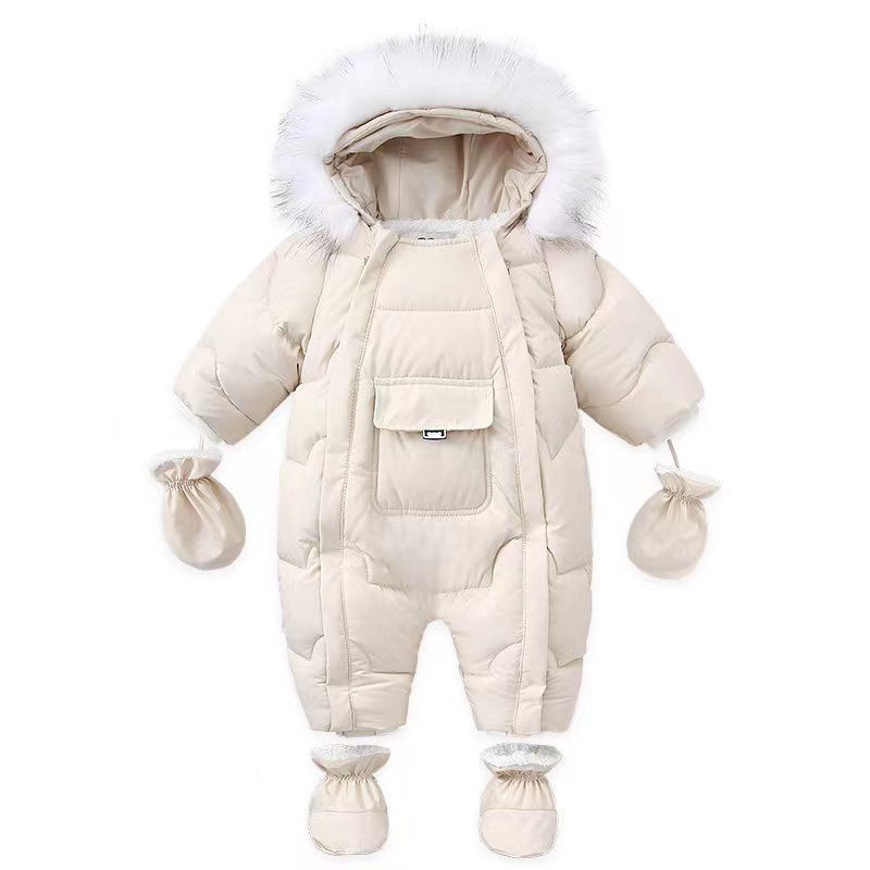 European-Style Baby Jumpsuit With Large Pockets – Fleece-Lined Winter Romper For Newborns & Infants (0-24M), Soft Polyester Hooded Onesie_voghion.com