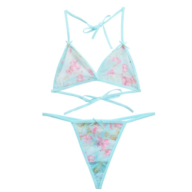 Dámské sexy spodní prádlo Set Flower Bra Thong 2 kusy měkké síťované průsvitné ramínko transparentní spodní prádlo body bikiny_voghion.com
