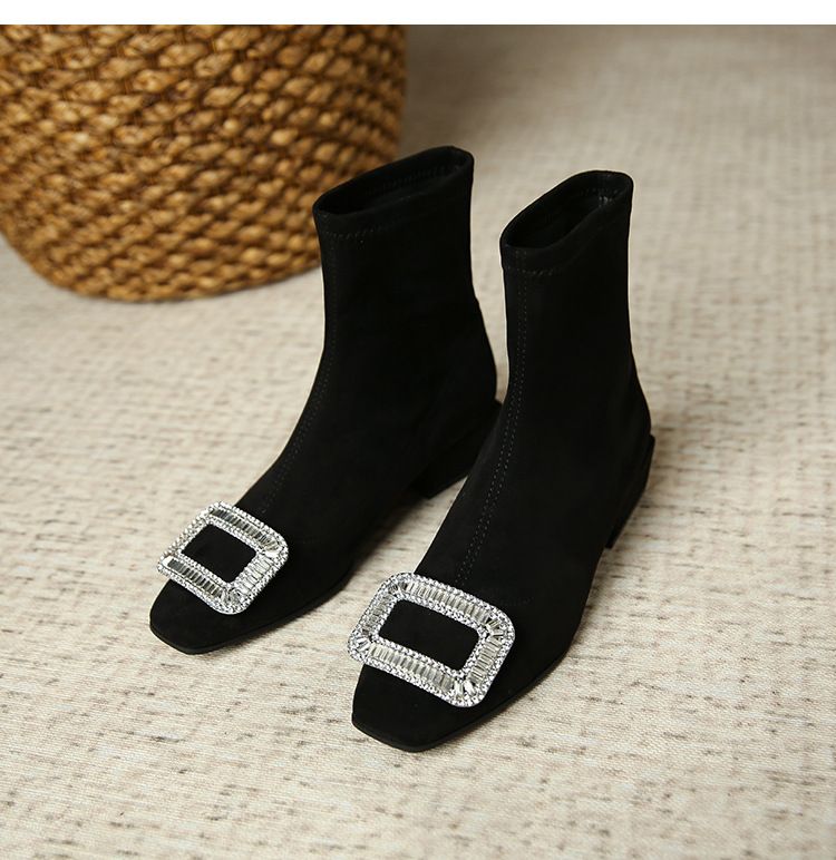 9333 2 Stivali Martin in pelle scamosciata britannica con punta quadrata per donna Stivali corti con fibbia quadrata in cristallo europei e americani Stivali corti elastici slip-on per donna_voghion.com