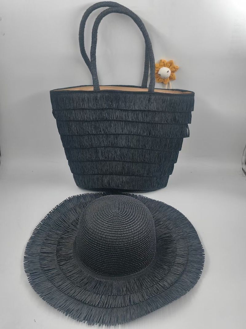 Borsa da donna in paglia rustica fatta a mano con nappa da spiaggia in stile francese, intrecciata_voghion.com