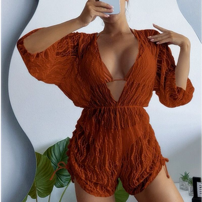 Ženska odjeća, jednodijelni kupaći kostim s dugim rukavima i pojasom, jednodijelni kupaći kostim s visokim strukom, trodijelni bikini s otisnutim vezicama_voghion.com