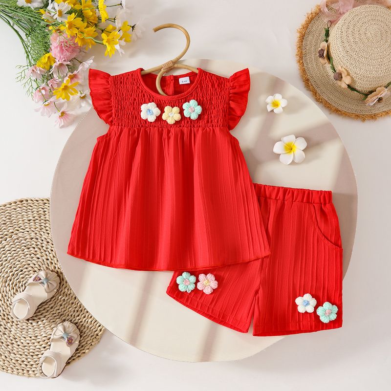Adorable Floral Print Baby Girl Outfit - Short Sleeve Top & Bow Shorts Set For Summer_voghion.com
