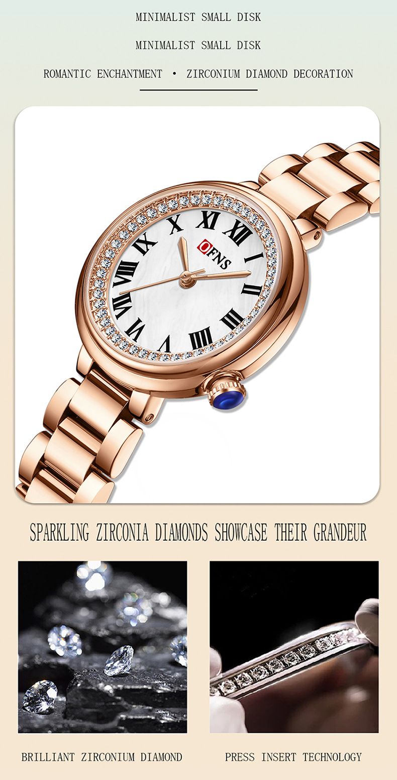 Women's Elegant Quartz Watch With Roman Numerals And Diamond Accents, Waterproof Stainless Steel Band, Minimalist Round Dial For Casual Wear_voghion.com