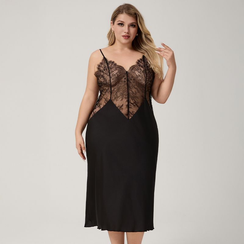 Large Size Suspender Pajamas Women's Satin Chiffon Sexy Nightgown Long Loungewear C_voghion.com