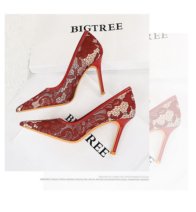Banquet women's shoes slim high heels shallow mouth pointed stilettos high heels mesh hollow lace high heels single shoes_voghion.com