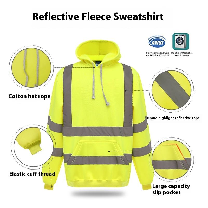 Reflekterende hettegenser Farge Blokkert Flekk Høst Og Vinter Glidelås Fleece Varm Byggeplass Fluorescerende Trafikksikkerhet_voghion.com