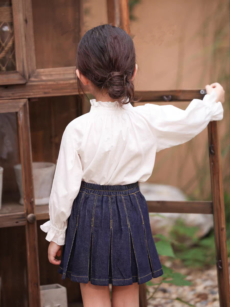 Dječja odjeća Dječja majica za djevojčice, pamučna, s ovratnikom i dugim rukavima, jednobojna čipkasta, slatka dječja_voghion.com