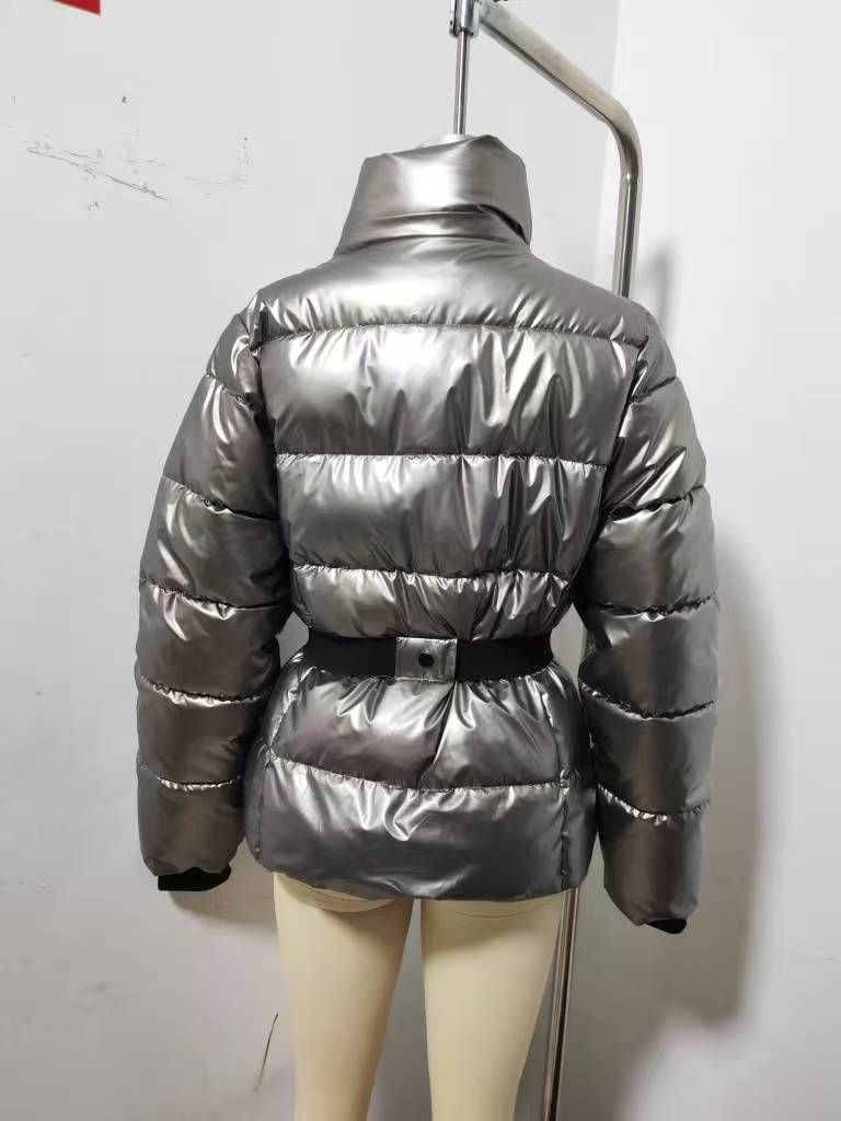 Women's Clothing Women's Stylish Ski-Inspired Hooded Down Jacket With Waist Cinching - Winter Warm Padded Coat In Black/Checkered/Silver/Blue Floral_voghion.com
