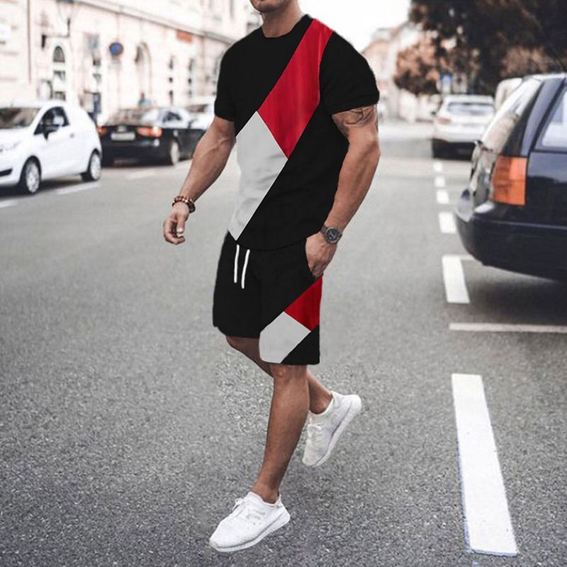 Fashion Sports Men's Round Neck High Elasticity Muscle Short Sleeve Multi Color Splicing Set_voghion.com