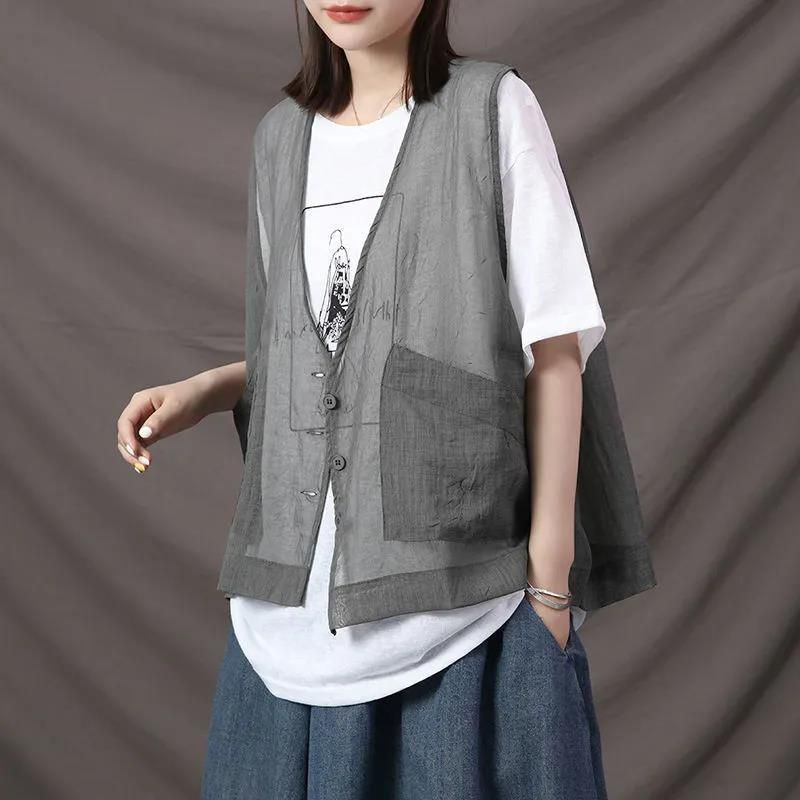 Gilet sans manches léger et polyvalent pour femme grande taille, style artistique, à bordure croisée, idéal pour l'automne._voghion.com