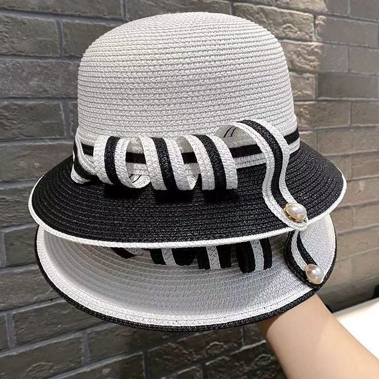 Çim kadın yaz niş moda inci büyük kenarlı balıkçı fiyonk güneş gölgeleme plaj şapkası_voghion.com