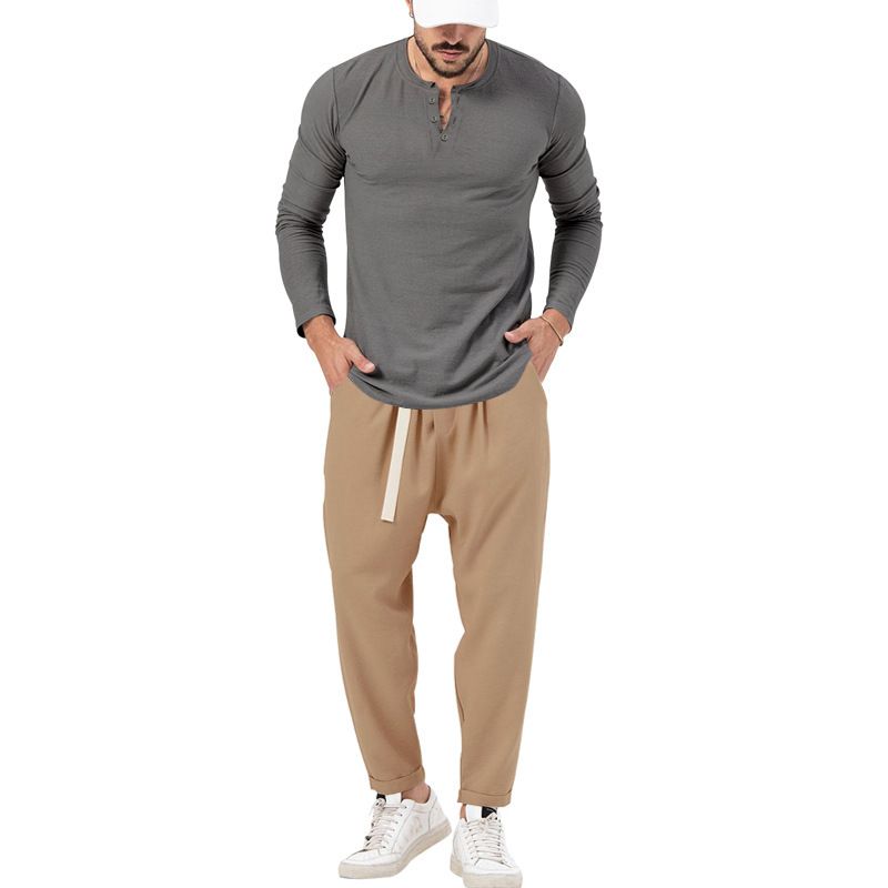 Men's solid color casual long-sleeved Henry T-shirt pantsuit_voghion.com