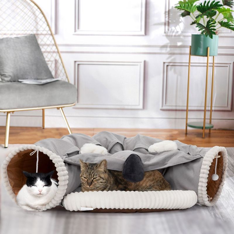 Collapsible Cat Tunnel Bed; Hide Tunnel For Indoor Cats With Hanging Toys And Cushion Mat; XH_voghion.com