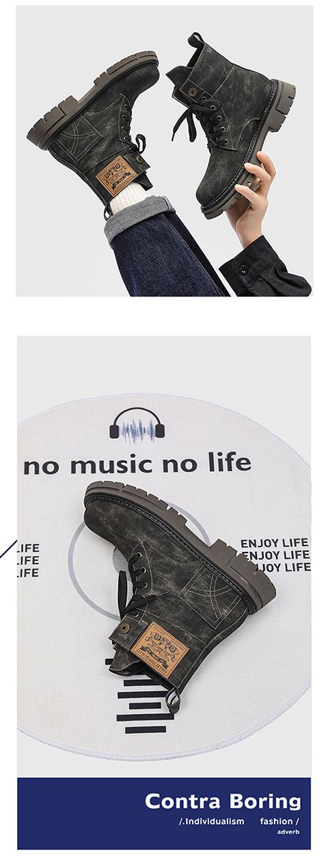 Men’s Shoes version sweet retro style thick heel round toe front lace up men's mid tube denim boots_voghion.com