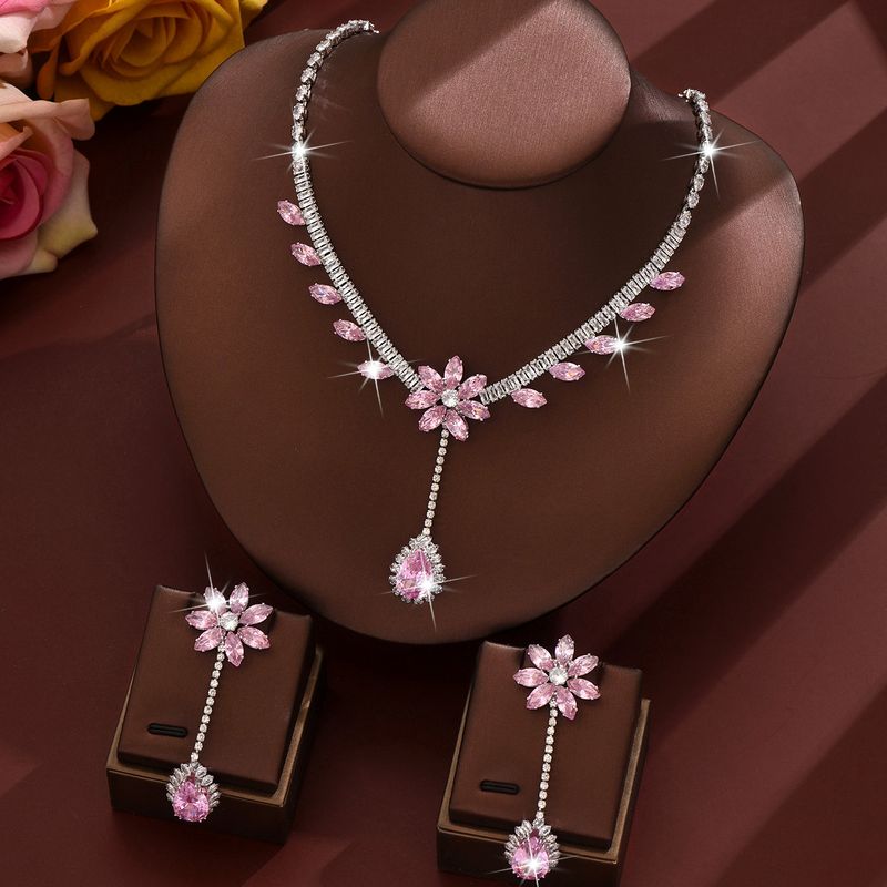 Women's Jewelry Set Fashion Trend Zircon Luxury Necklace Earrings Set Hot Style Wearing Skirt Pink Flower Tassel_voghion.com