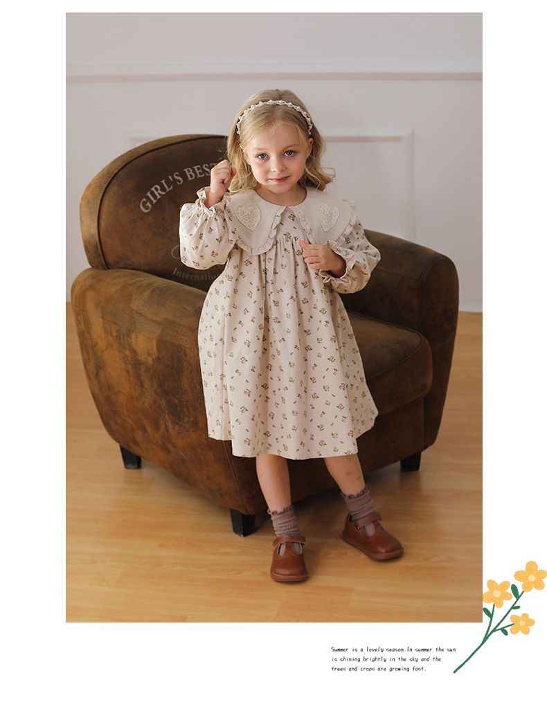 Mutter & Kinder Koreanische version revers gedruckt spitze mädchen kleid 2024 herbst neue langarm süße kinder prinzessin kleid reine baumwolle_voghion.com