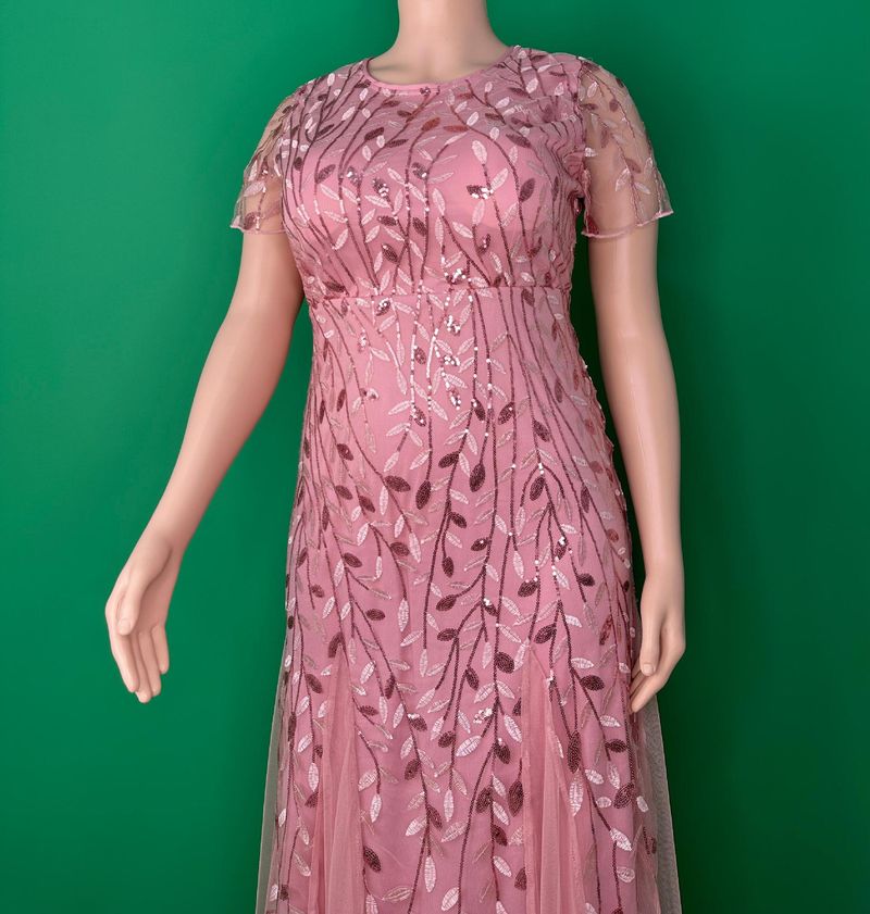 Elegante avondjurk in grote maten voor vrouwen - lange galajurk van mesh met kant en pailletten, bescheiden moslimfeestkleding (roze, 0XL-5XL)_voghion.com