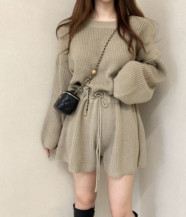 2024 Korean Chic Autumn Round Neck Drawstring Strap Waist Long Sleeve Knitted Wide Leg jumpsuit Shorts for Women_voghion.com