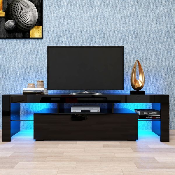 Modern Black TV Stand, 20 Colors LED TV Stand W/Remote Control Lights_voghion.com