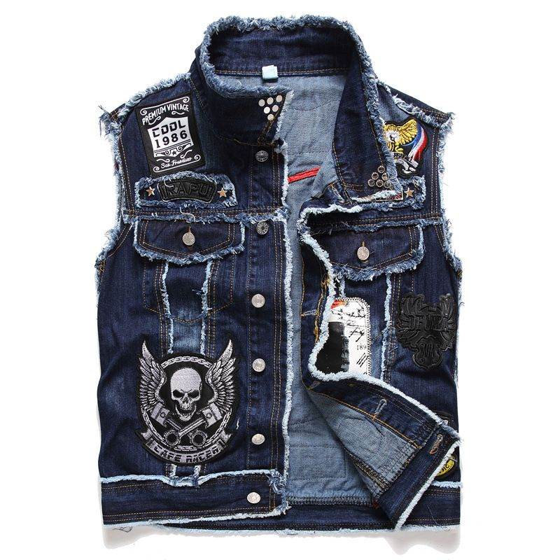 Kleeder Nei 2024 Fréijoer Gestickte Jeansjacke Jugend Populär Revers Männer Casual Weste Trend 888-1_voghion.com