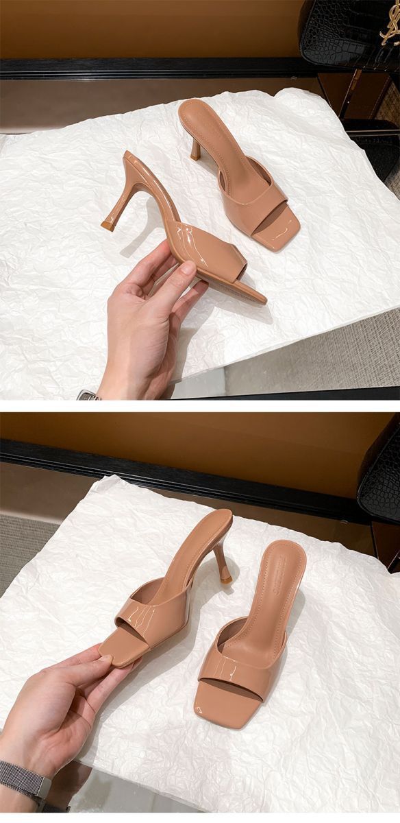 Sandales à talons hauts en cuir laqué, nouveauté été 2025, polyvalentes, talon fin, bout carré exposé, sexy, pantoufles une pièce_voghion.com