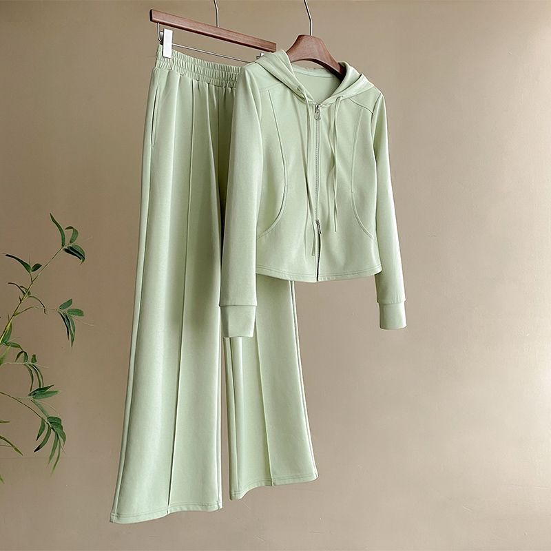Conjunto deportivo elegante para mujer: sudadera con capucha y pantalón recto, conjunto informal y cómodo de dos piezas para uso diario._voghion.com