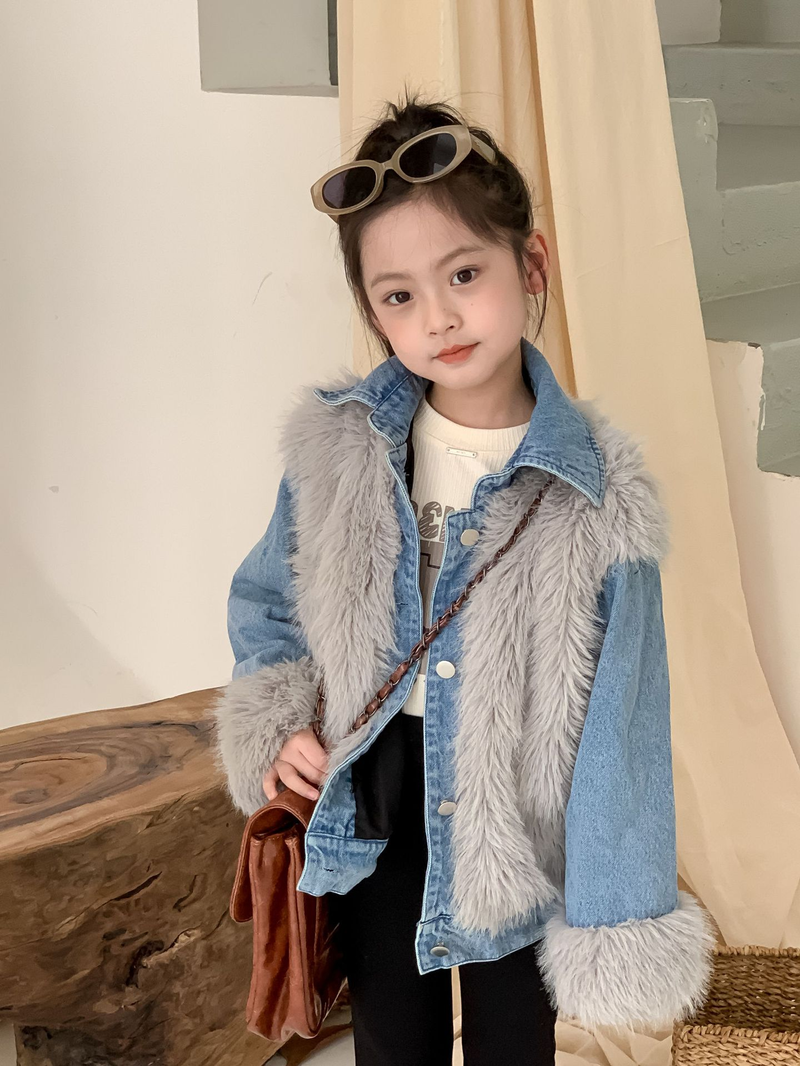 La torta per bambini supera lo stile hipster Cappotto ispessito in pelliccia di jeans patchwork in pelliccia di volpe imitazione per ragazza invernale per bambini_voghion.com