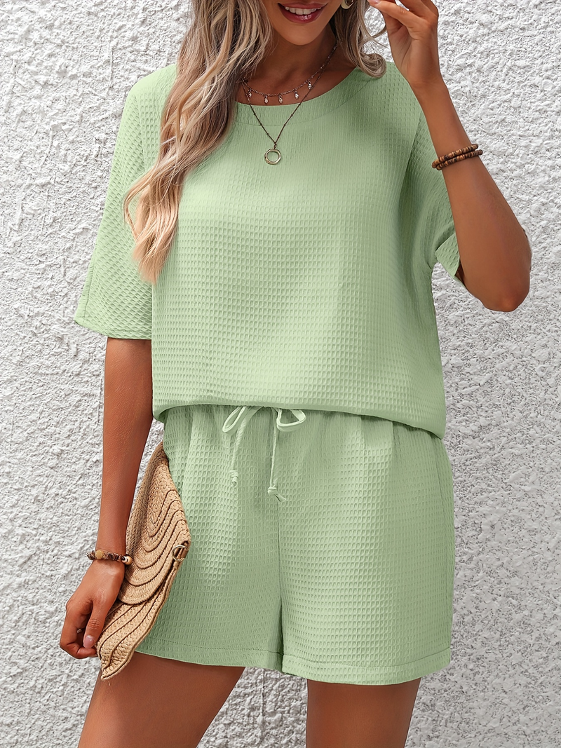 Solid Waffle Two-piece Set, Crew Neck Short Sleeve Tee & Drawstring Shorts Outfits, Women's Clothing_voghion.com