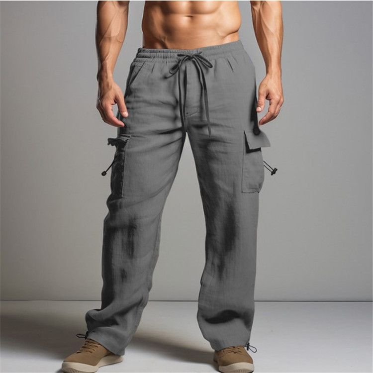 Herrenbekleidung Herren Jogginghose aus Baumwolle und Leinen Sommer Strandhose Kordelzug Elastische Taille Mehrere Taschen Einfarbig Atmungsaktiv Lässige Overalls_voghion.com