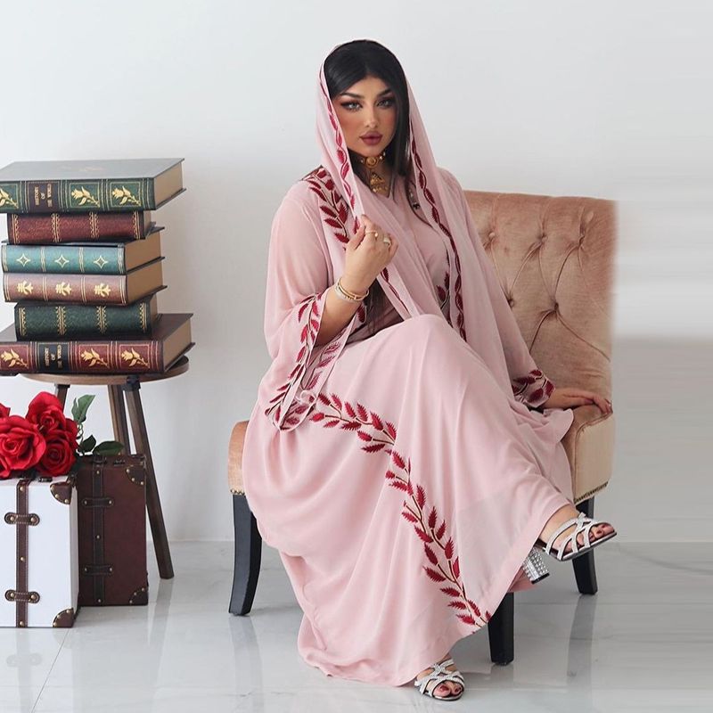 Damenmode Street Chiffon langes muslimisches besticktes rosafarbenes Rundhalskleid mit Hijab_voghion.com