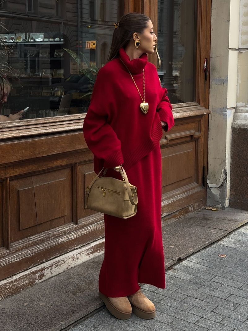 Turtleneck And Skirt 2025 Autumn Winter Loose Knitted Two-Piece Sweater Set For Women_voghion.com