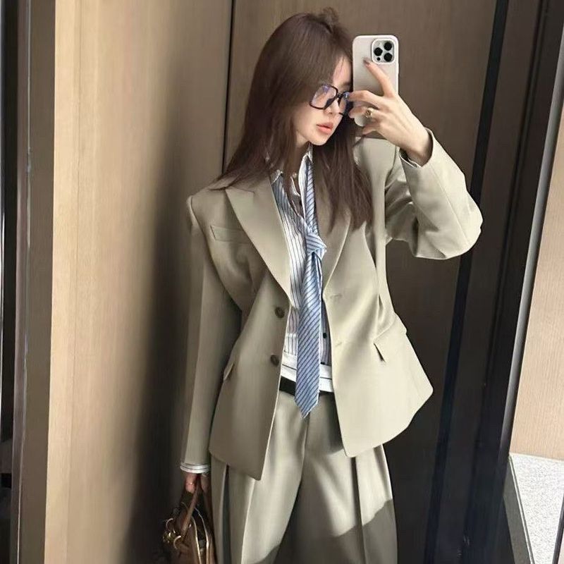 Kadınlar için Bahar Yeni Rahat İşe Gidiş-Dönüş Şık Üst Sınıf Takım Elbise Geniş Paça Pantolon İki Parçalı Set_voghion.com