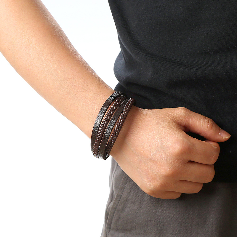 new leather hand woven bracelet men's magnet buckle stainless steel bracelet jewelry women's_voghion.com