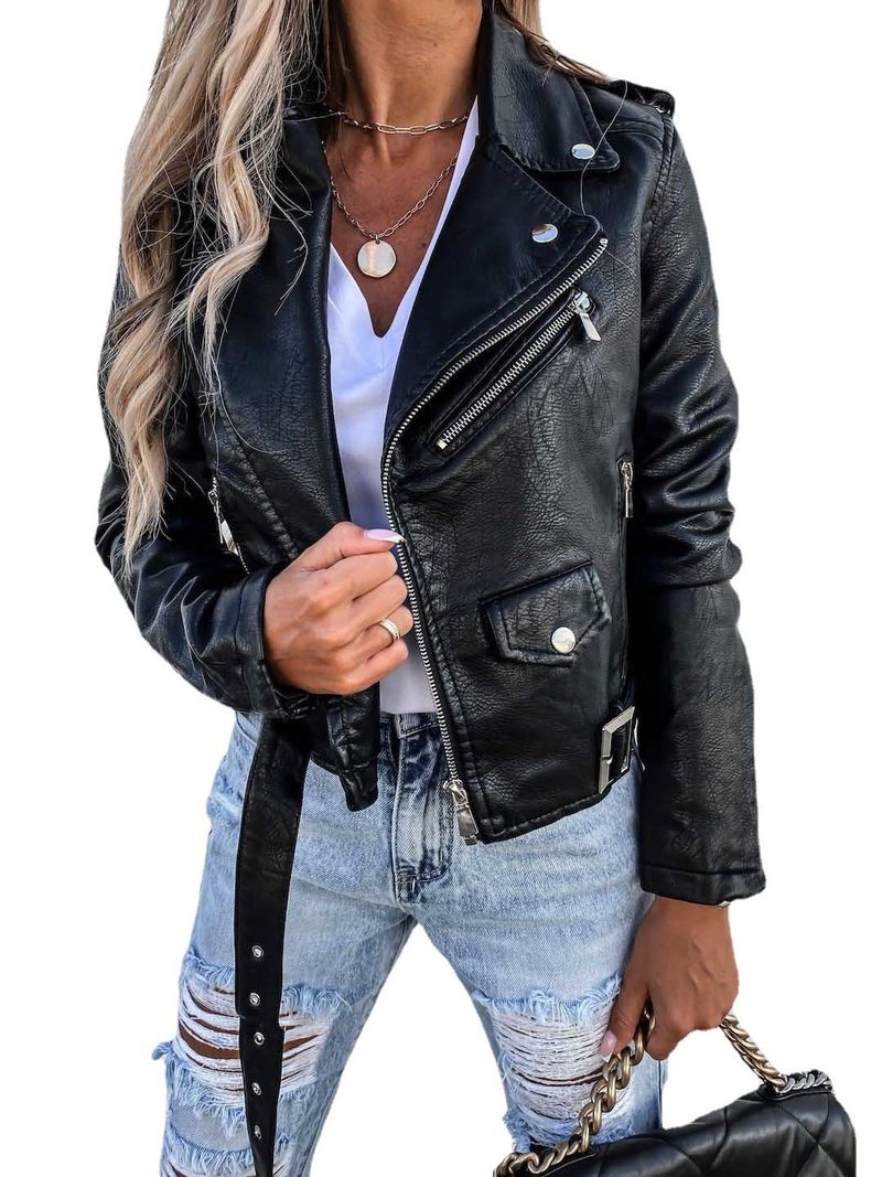 Women's New 2023 Autumn Winter Jacket PU Leather Coat Motorcycle Short Zipper_voghion.com