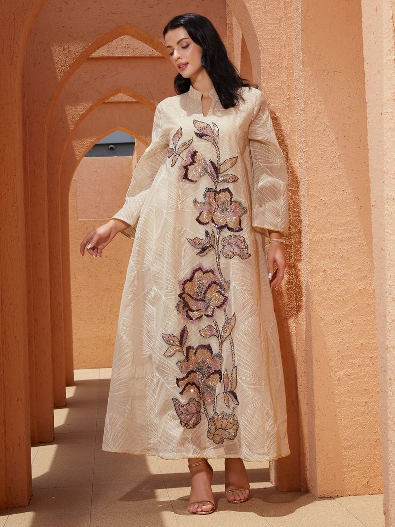 Elegantes besticktes Abaya-Kleid aus Netzstoff mit Blumenapplikation – Langärmliges, schlichtes muslimisches Kleid für Damen (Beige, M/L/XL/XXL)_voghion.com