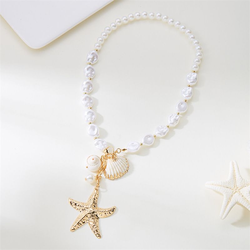 Ensemble de bijoux pour femme : collier multicouche en coquillage, perle et conque, style rétro estival, avec pendentif étoile de mer._voghion.com