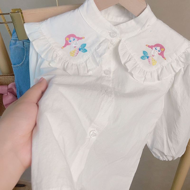 Abbigliamento per bambini, graziosa camicia con colletto ricamato per ragazze e abito a due pezzi in jeans_voghion.com