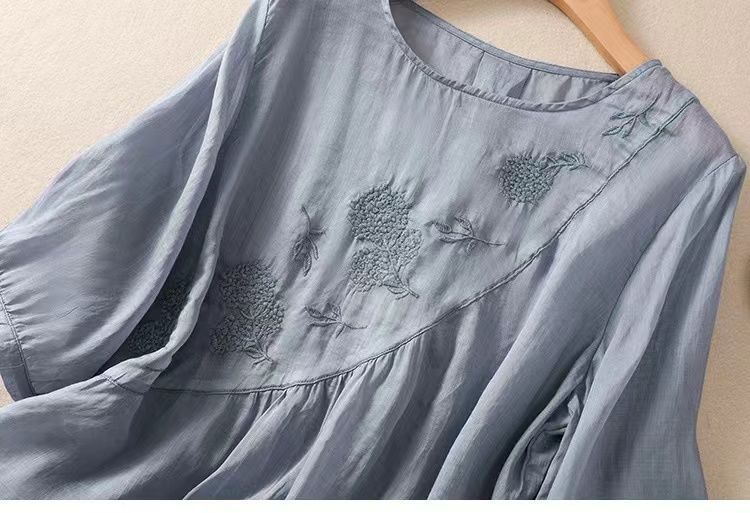 Maglietta da donna in cotone e lino, tinta unita, con ricami vintage, girocollo, ampia e piccola_voghion.com
