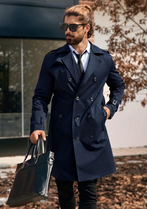 Herren Zweireihiger Trenchcoat Lang Slim Fit Lässiger Mantel Polyester Klassisch Blauer Mantel Für Herbst Frühling_voghion.com