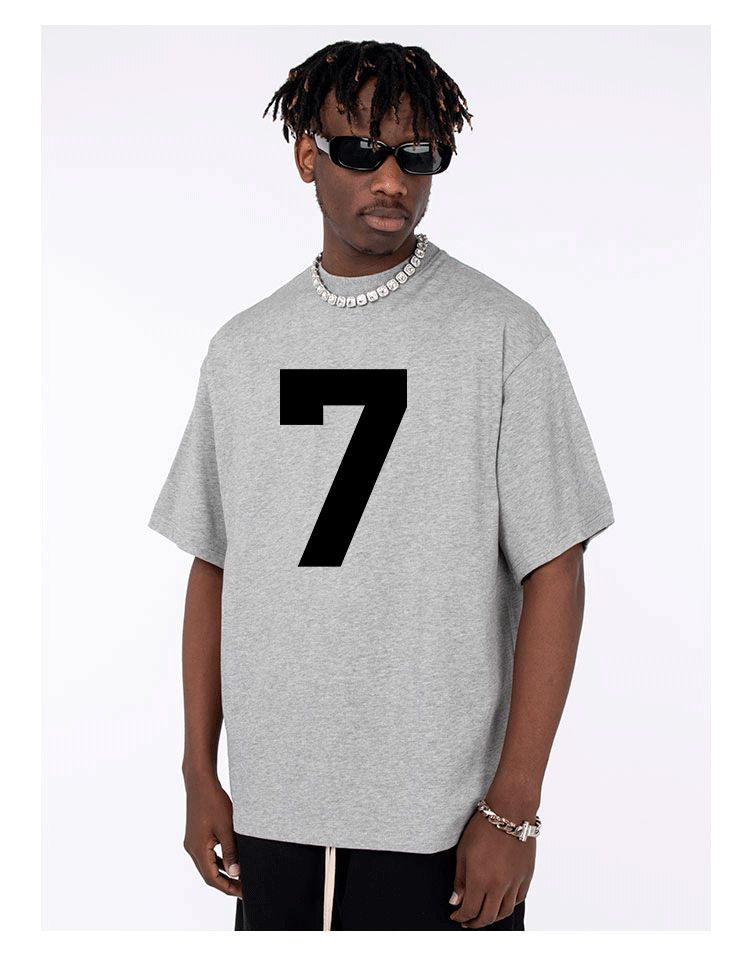 vêtements pour hommes Heavy Xinjiang Cotton Numéro 7 Imprimé Américain Petit Col T-shirt à Manches Courtes pour Hommes et Femmes High Street Lâche Demi-Manches_voghion.com