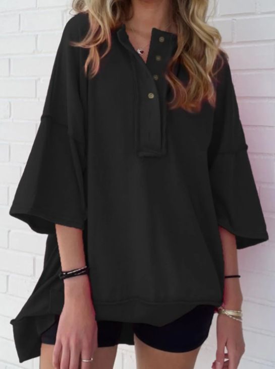 2025 New Spring And Autumn Solid Color Loose Casual Button Sweatshirt T-Shirt_voghion.com