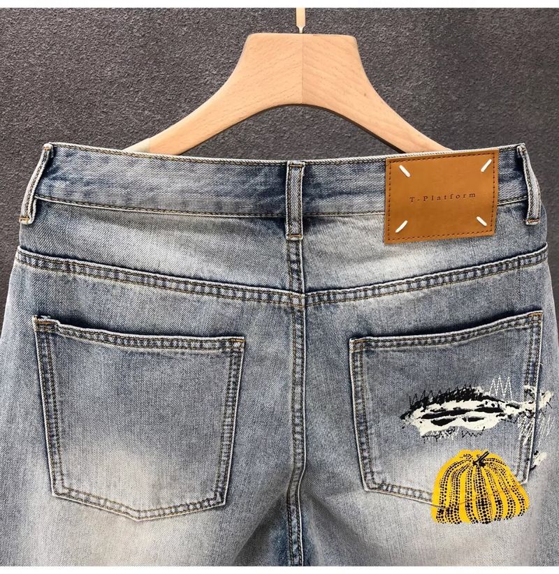Herrenbekleidung, individuell bedruckte, lockere Jeans-Shorts, Herren-Retro-Shorts im Used-Look, hell verwaschen, große Größe_voghion.com
