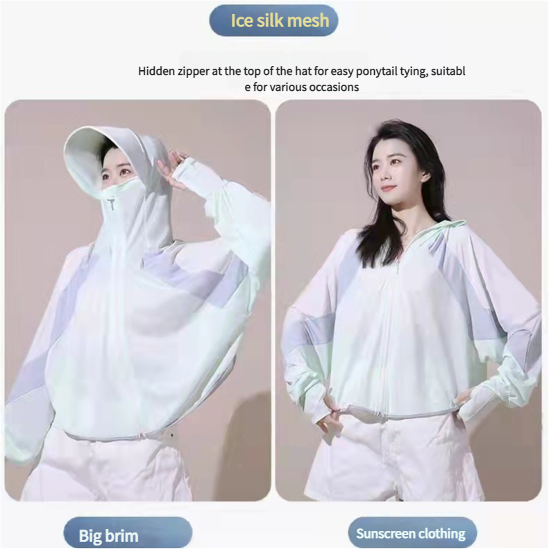 Farbblockjacke für Damen, dünner Sommermantel aus Eisseide mit Kapuze, hochwertige Sonnenschutzkleidung in Übergröße_voghion.com